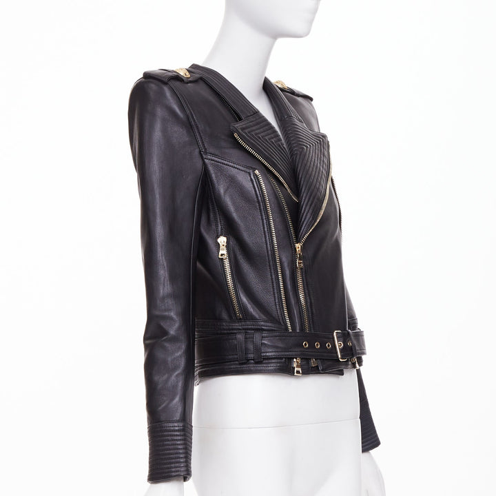 BALMAIN 2020 black quilted lambskin asymmetric perfecto biker jacket FR34 XS