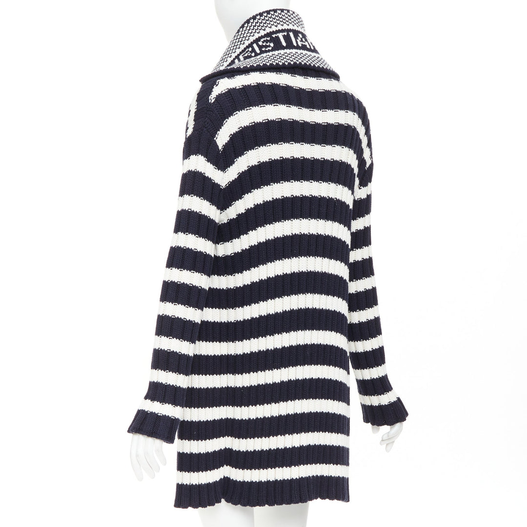 DIOR navy white cotton cashmere logo intarsia back neck striped cardigan FR34 XS