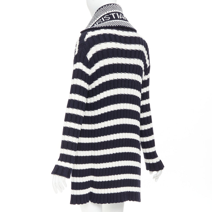 DIOR navy white cotton cashmere logo intarsia back neck striped cardigan FR34 XS