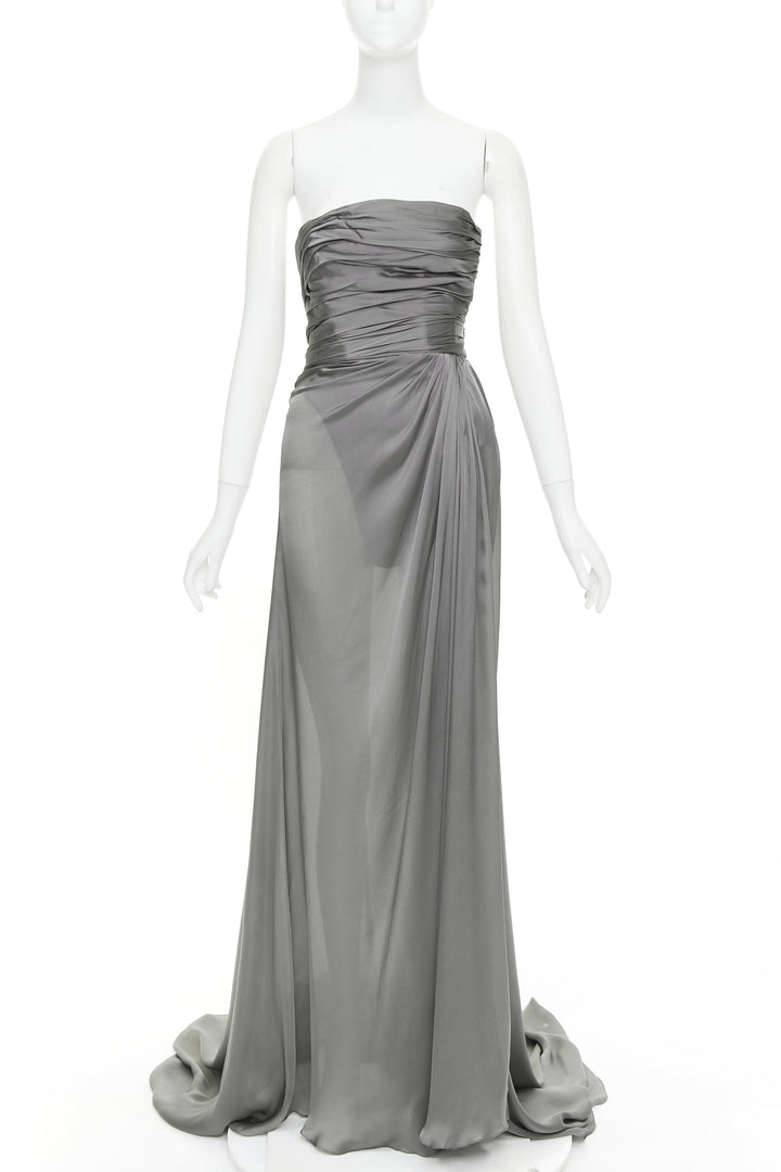 ALEXANDRE VAUTHIER COUTURE steel grey ruched draped strapless high slit gown