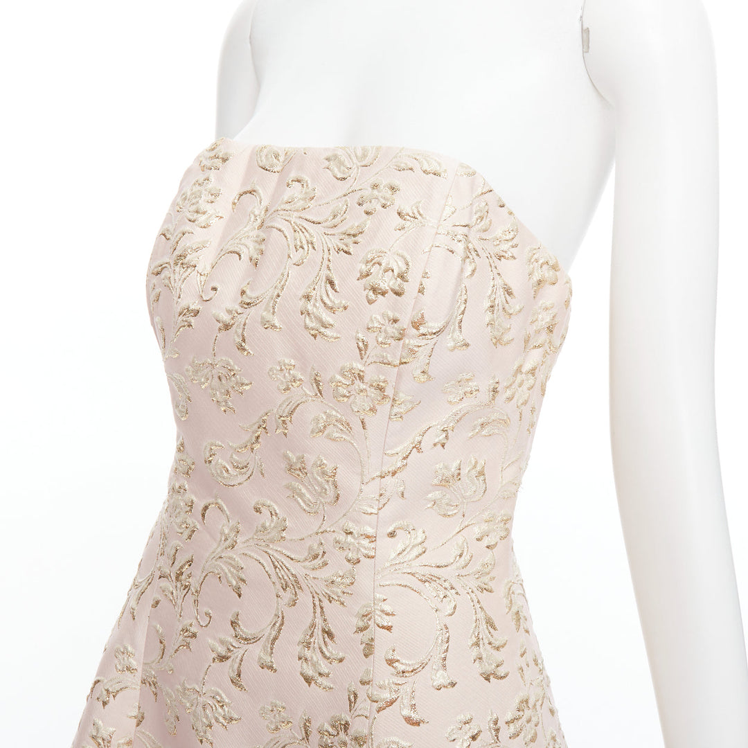 TED BAKER TUX Langley pink acetate blend gold jacquard strapless dress US2 S