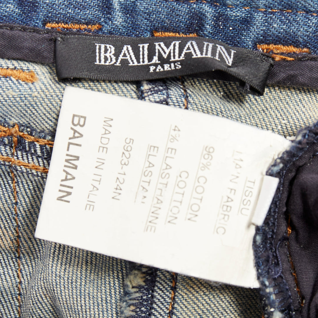 BALMAIN blue faded washed ribbed denim moto biker jeans FR36 S