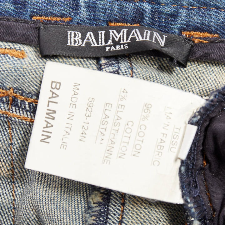 BALMAIN blue faded washed ribbed denim moto biker jeans FR36 S
