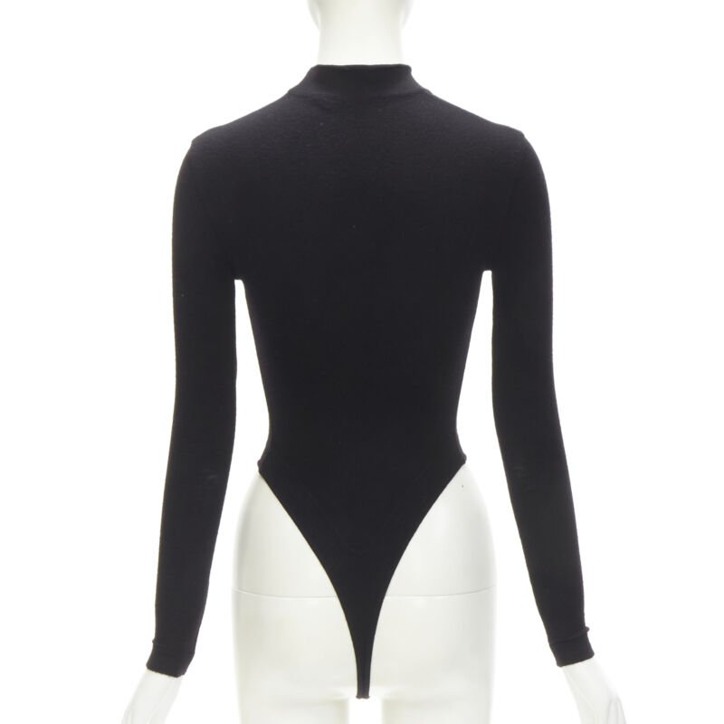ALAIA 1990's Vintage black wool mock neck long sleeve  high cut bodysuit top M