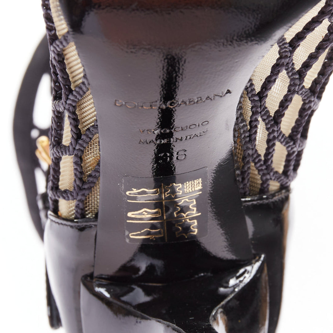 DOLCE GABBANA 2012  black patent leather fishnet maryjane heeled booties EU36
