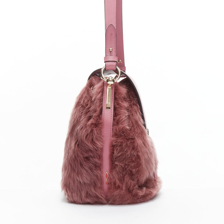 rare CHRISTIAN LOUBOUTIN Luckyl pink lamb fur 2 way shoulder bucket bag backpack