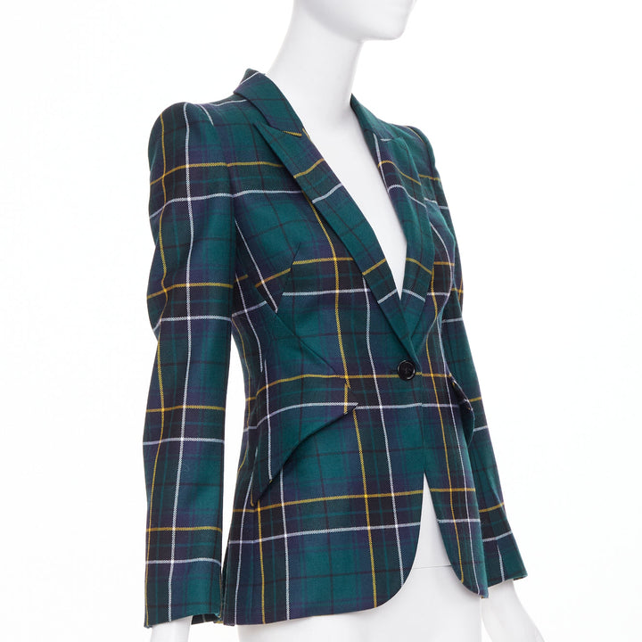 ALEXANDER MCQUEEN 2025 green wool tartan pointed shoulder blazer jacket IT36 XXS