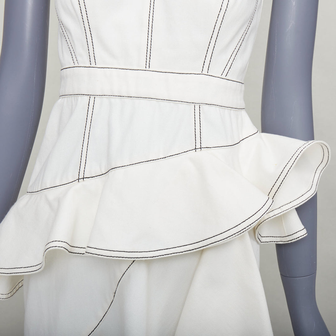 ALEXANDER MCQUEEN 2019 cream denim black topstitch ruffle peplum dress IT40 M