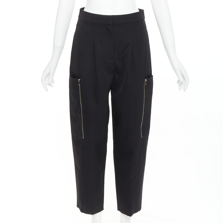 STELLA MCCARTNEY black wool twill silver zip pocketed tapered pants IT36 XXS