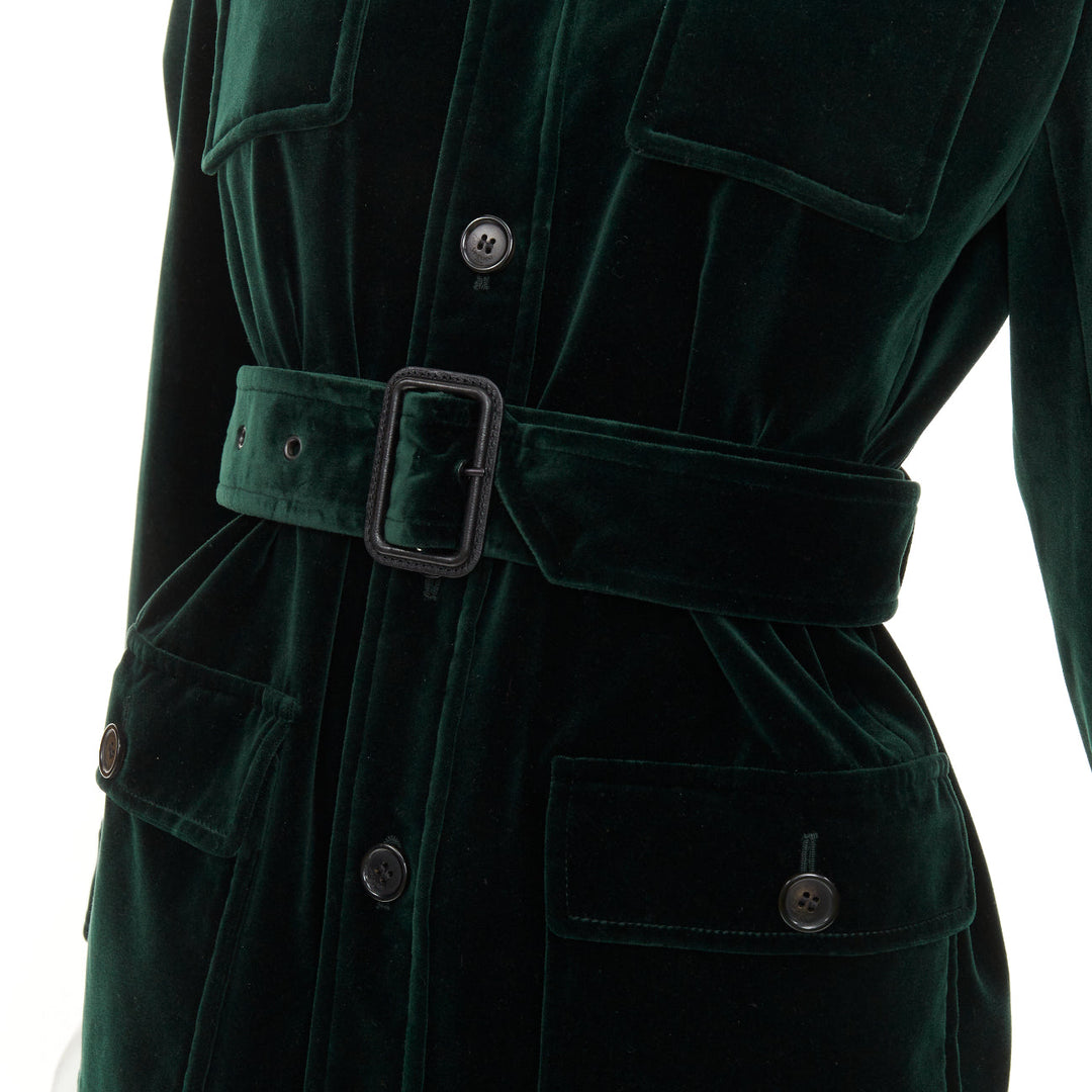 SAINT LAURENT 2025 Saharienne emeraude green belted cotton velvet jacket FR34 XS
