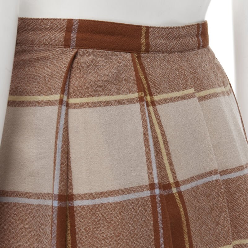 vintage COMME DES GARCONS 80s brown plaid check pleated step hem wool skirt