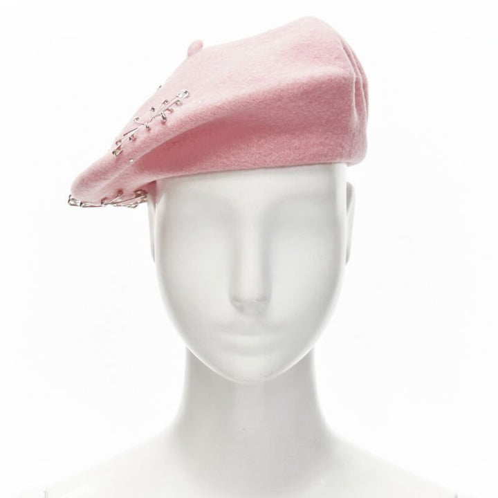 MISS JONES Stephen Jones Pins candy pink wool safety pin crystal beret hat