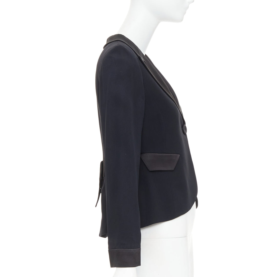 EMPORIO ARMANI black satin peak lapel cropped tuxedo blazer IT40 S