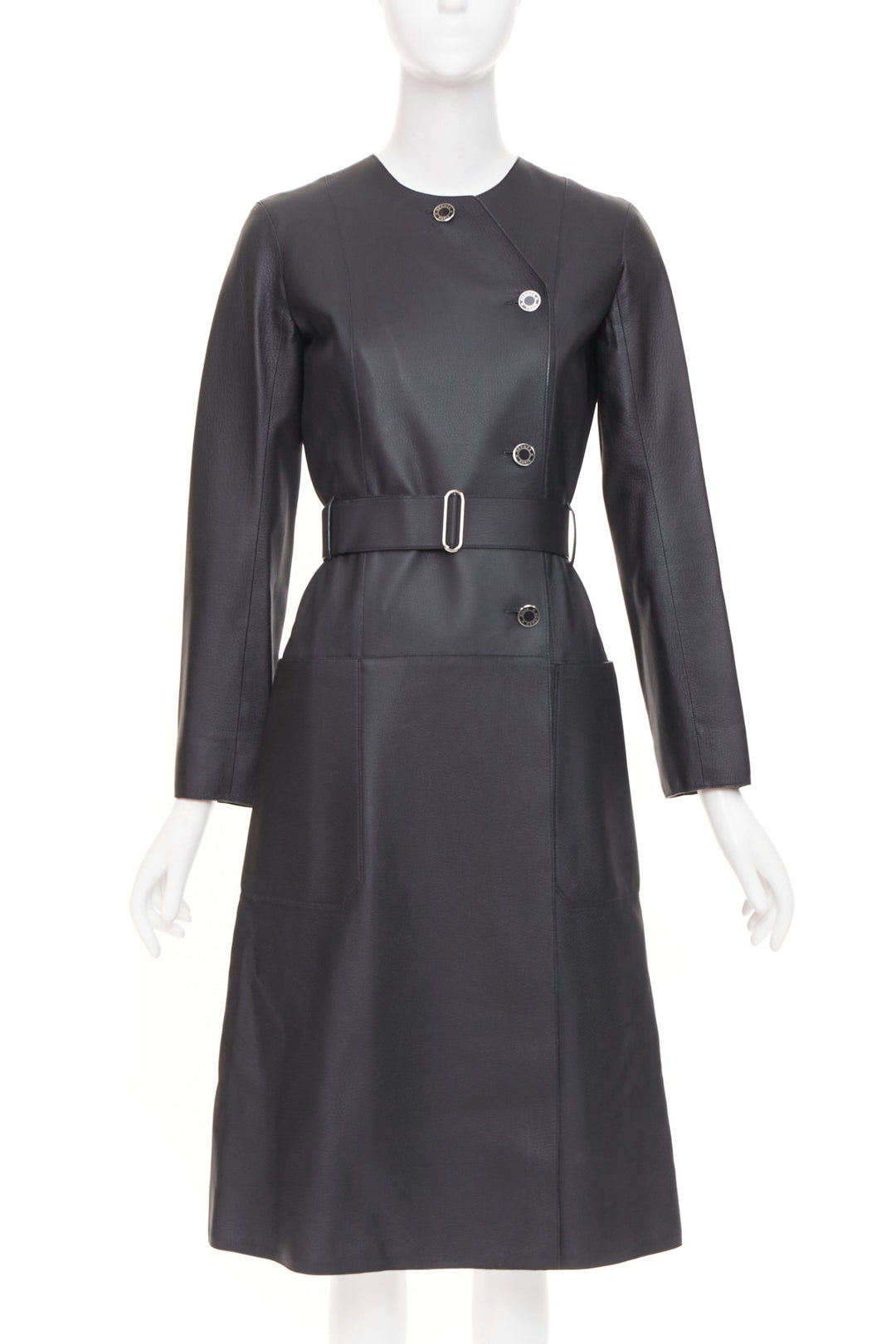 HERMES deerskin asymmetric snap button collared belted long leather coat FR34 XS