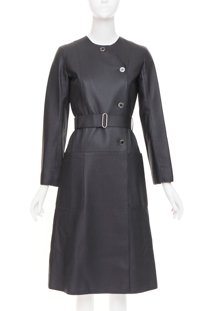 HERMES deerskin asymmetric snap button collared belted long leather coat FR34 XS