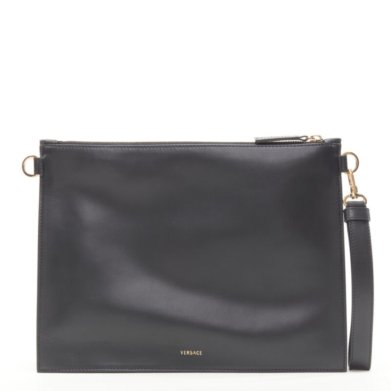 VERSACE gold Virtus Barocco V black leather zip clutch crossbody bag