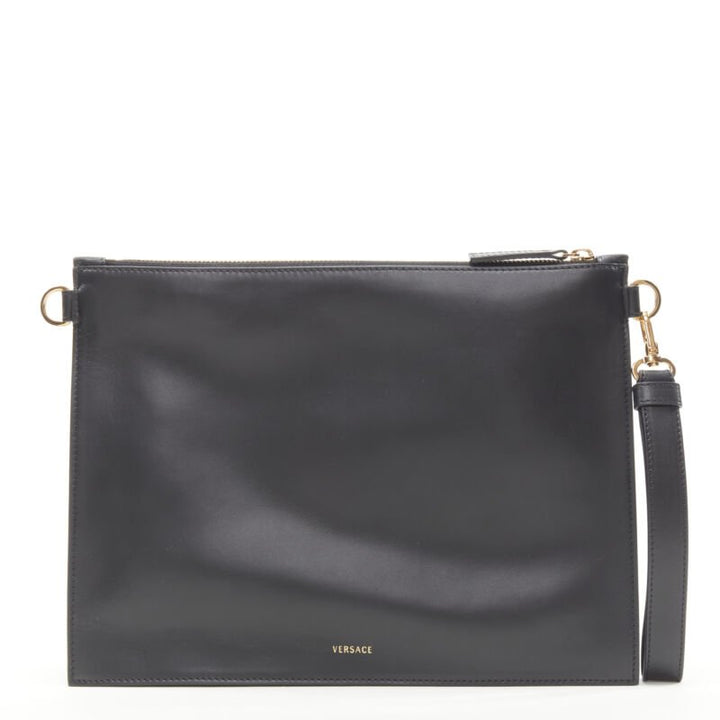 VERSACE gold Virtus Barocco V black leather zip clutch crossbody bag
