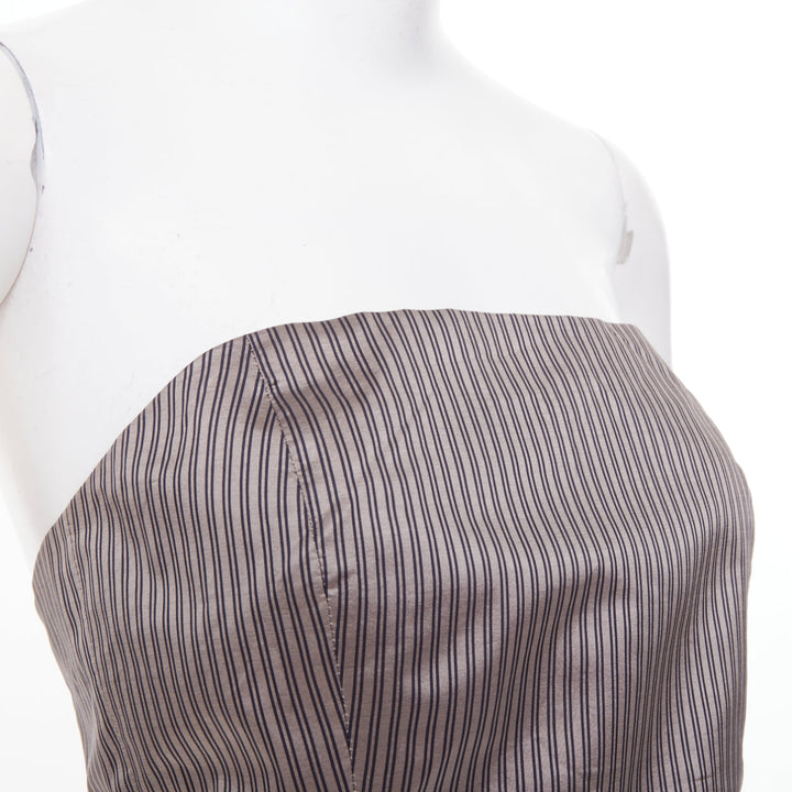 EMPORIO ARMANI Vintage brown pinstripe silk woven strapless bustier top IT38 XS