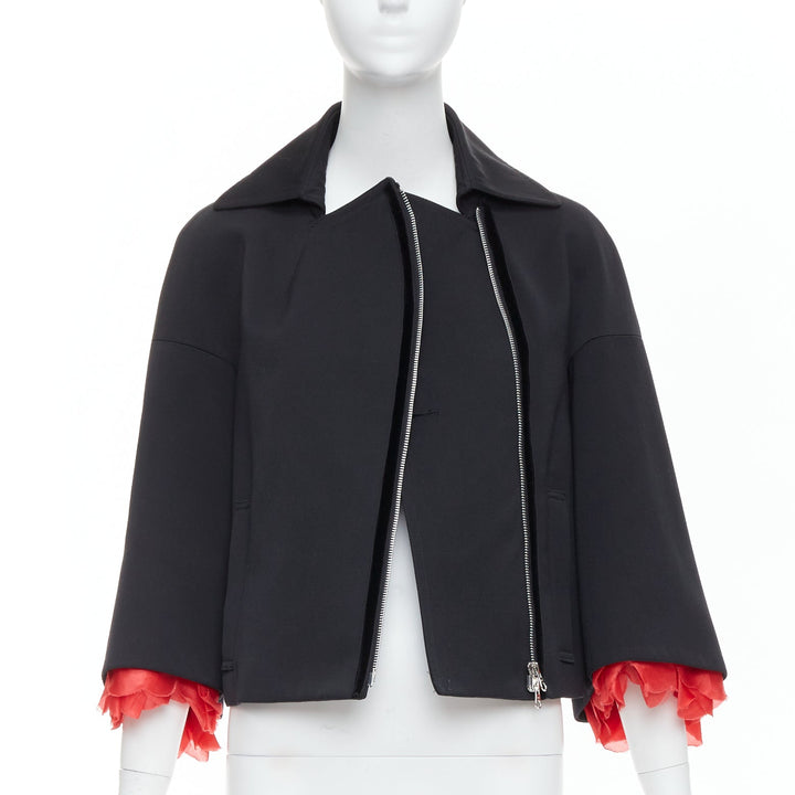 KEITA MARUYAMA black wool blend red petal cuffs flare biker jacket JP2 M