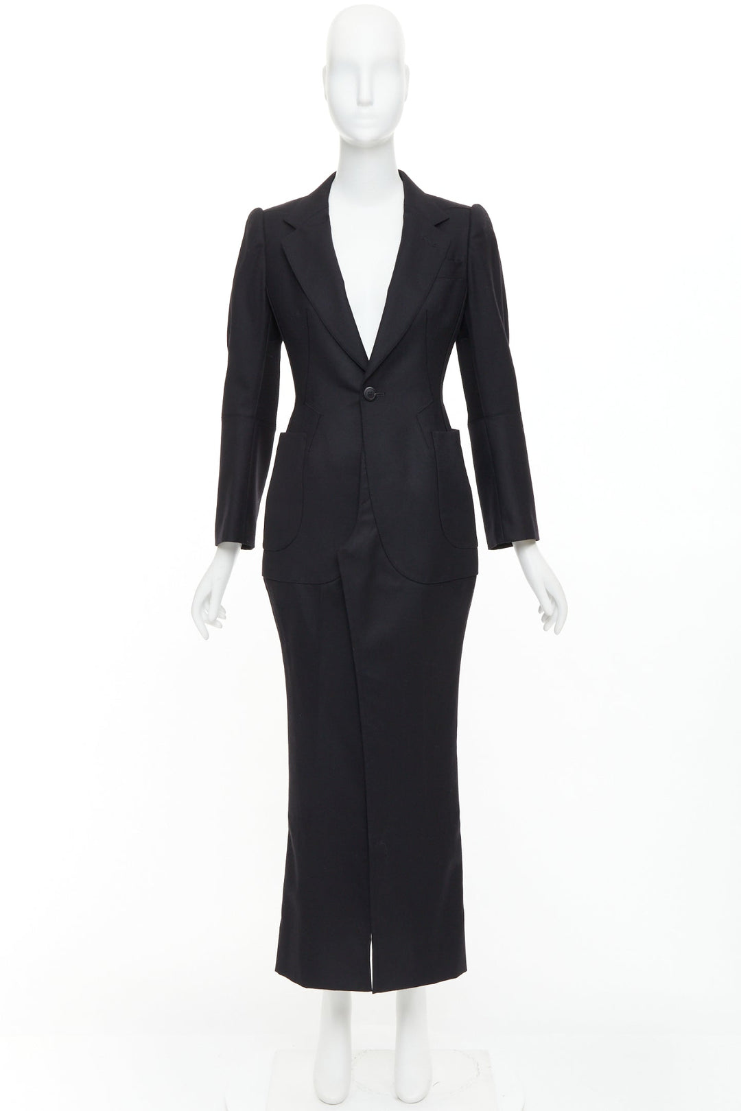 JUNYA WATANABE 2012 Runway black wool deconstruced panelled long fitted coat S