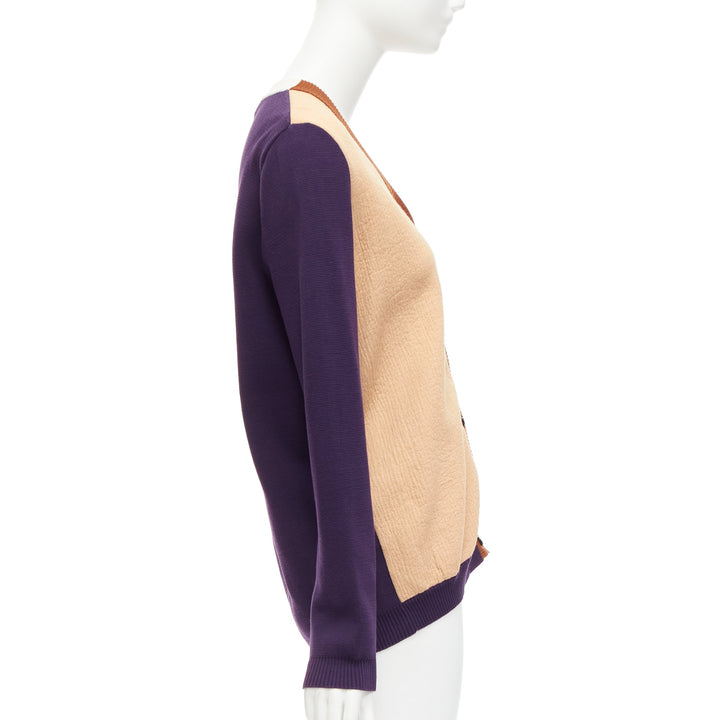MARNI beige purple colorblocked mixed material cardigan sweater IT40 S