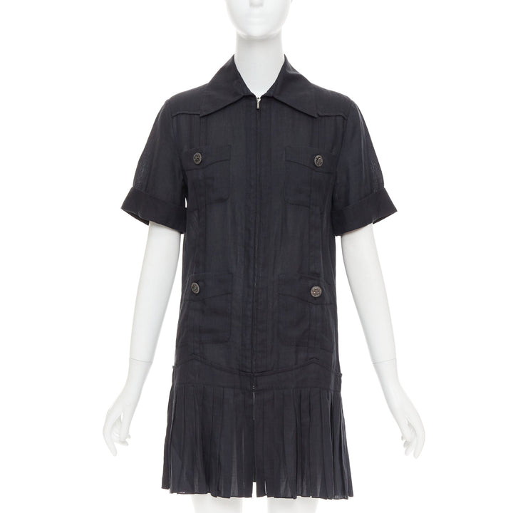 CHANEL Coco Cuba black ramie 4 pocket zip pleated mini dress FR34 XS