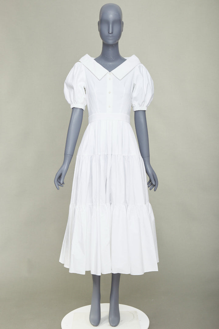 ALEXANDER MCQUEEN white cotton puff sleeves exaggerated collared dress IT40 S