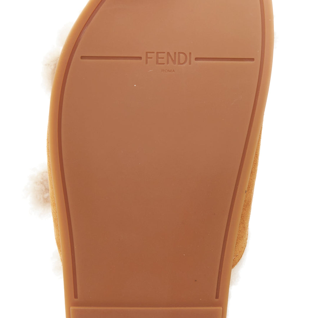 FENDI Feel tan brown suede shearling gold FF buckle sandal slides EU38