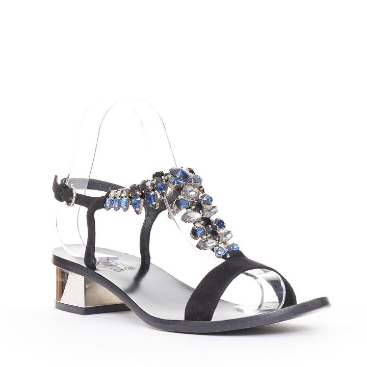 SALVATORE FERRAGAMO blue crystal black suede low block heel tstrap sandals UK6.5