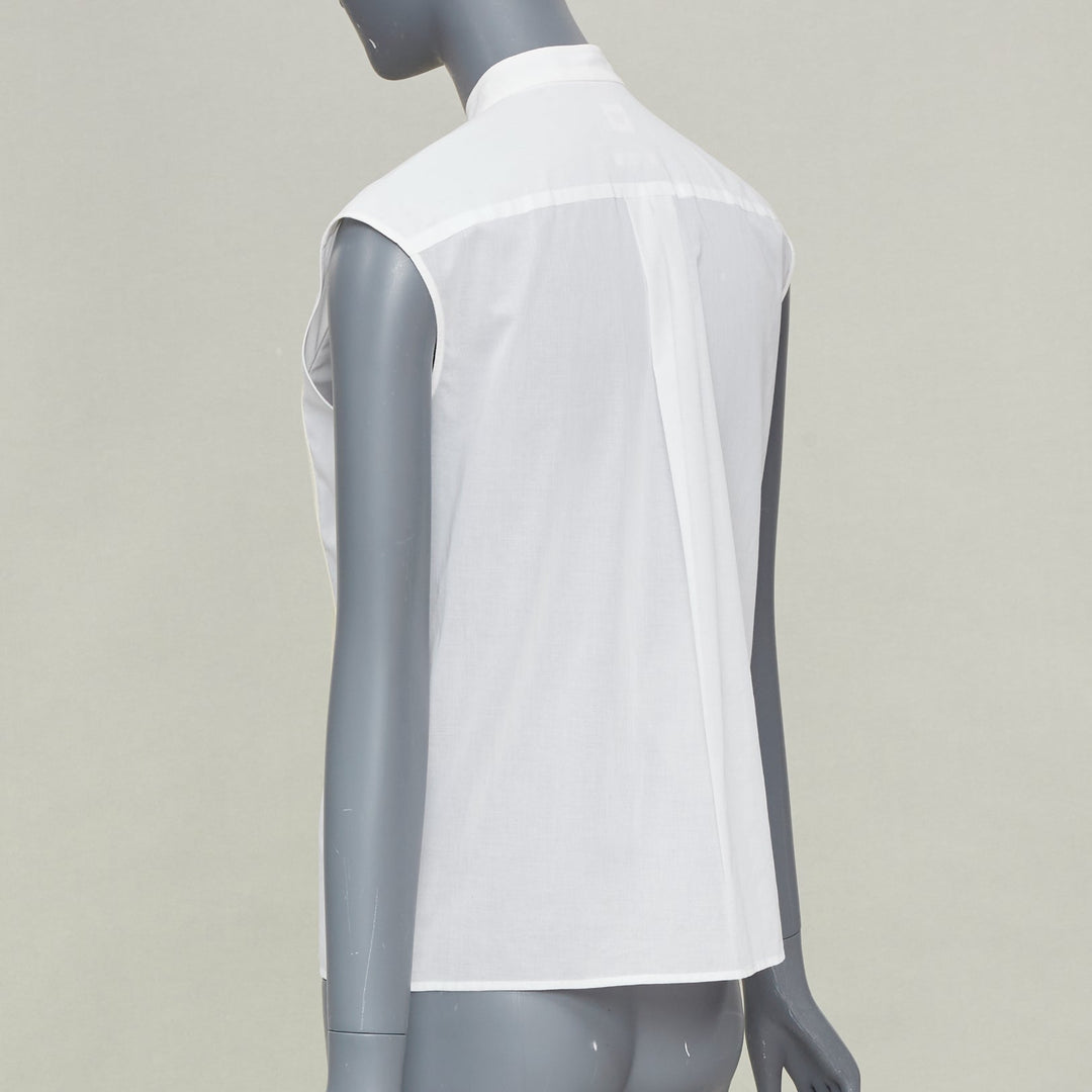 HERMES white pleated lambskin leather bib hidden button sheer cotton top FR34 XS