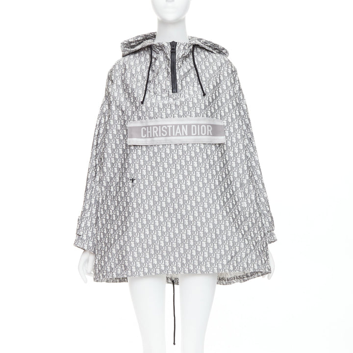 CHRISTIAN DIOR Oblique grey white monogram technical taffeta hooded anorak XS