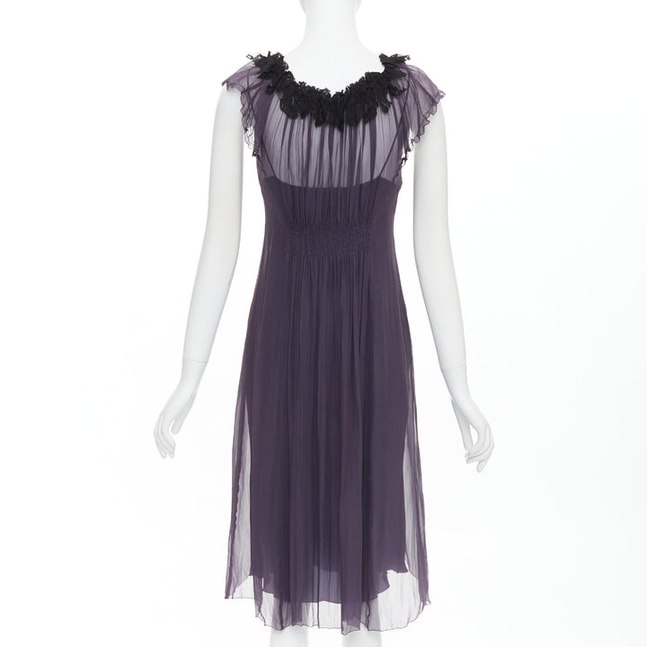 LANVIN Vintage purple silk black lace trim ruched waist sheer dress FR38 M