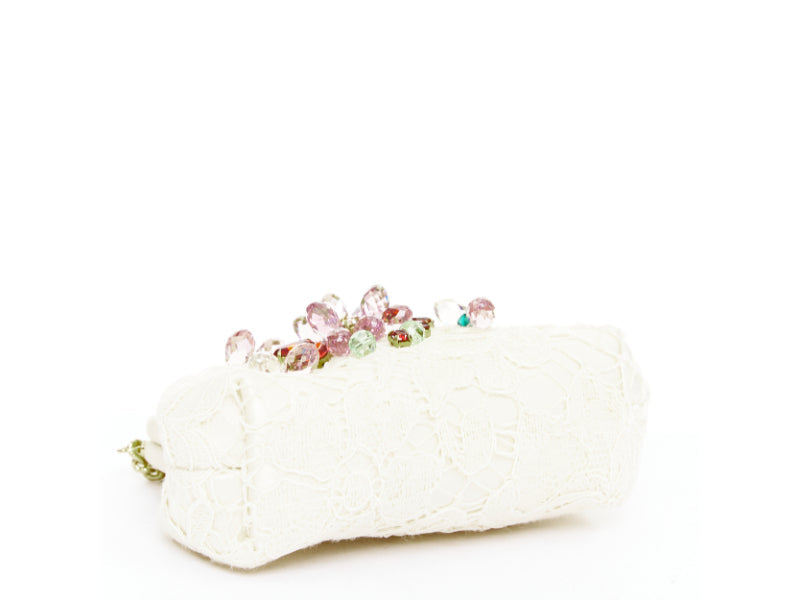 DOLCE GABBANA cream lace multicolour stone beaded kisslock chain micro bag