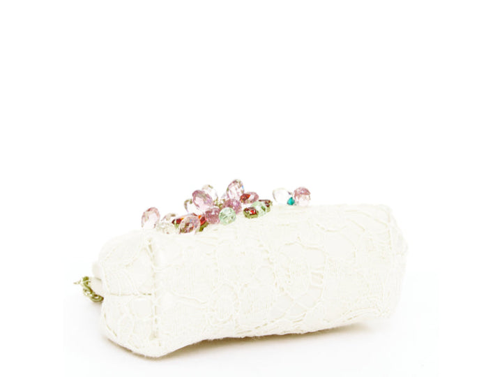 DOLCE GABBANA cream lace multicolour stone beaded kisslock chain micro bag