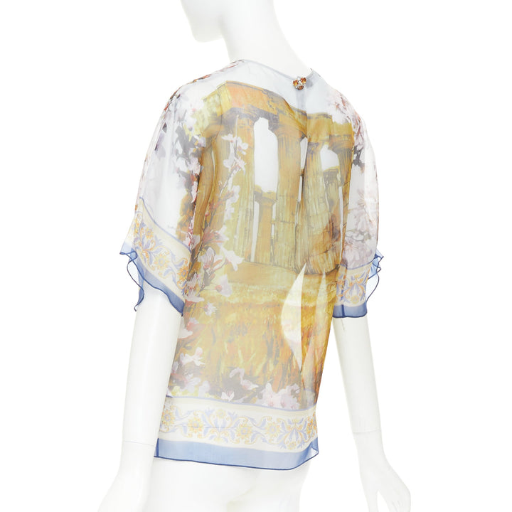 DOLCE GABBANA 100% silk sheer Rome Ruins floral print keyhole top IT36 XXS