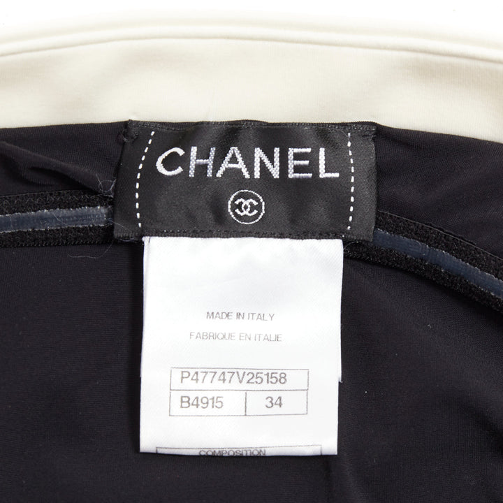 CHANEL white logo faux pearl black white collared halter one pc swimsuit FR34 XS