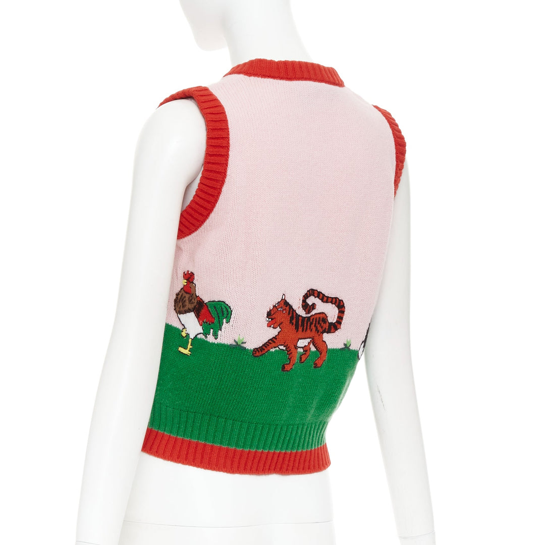 GUCCI 2017 pink green farmyard animal intarsia wool knit sweater vest XS