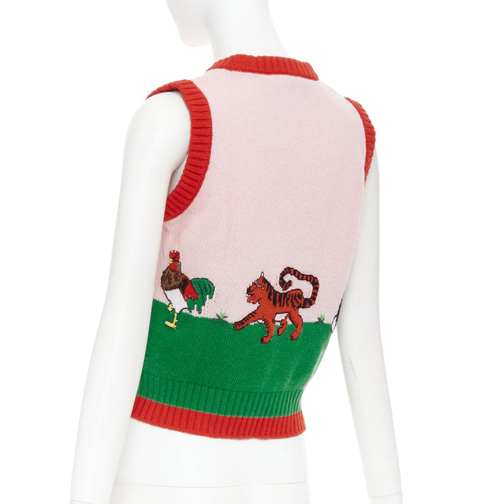 GUCCI 2017 pink green farmyard animal intarsia wool knit sweater vest XS
