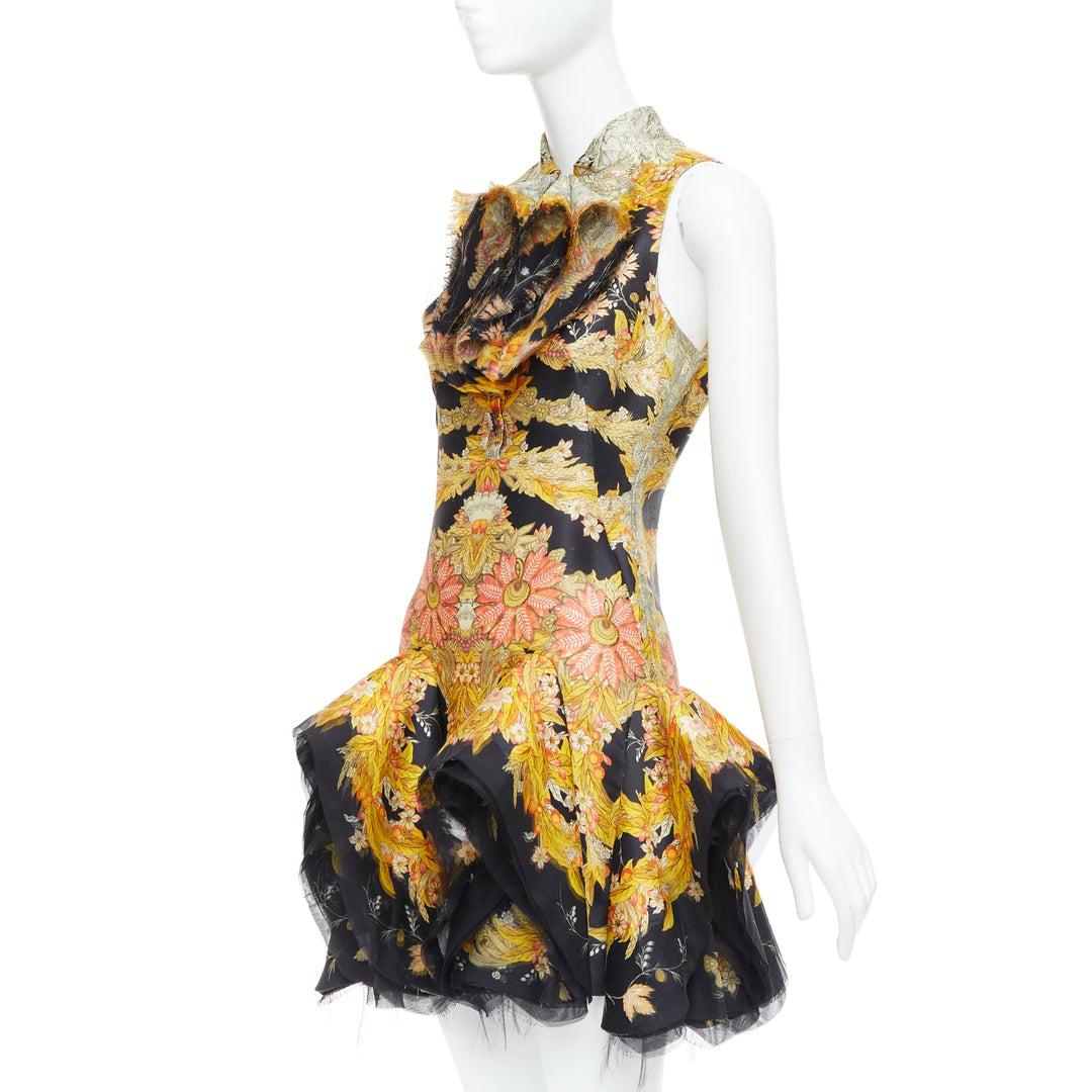 rare ALEXANDER MCQUEEN 2011 Runway Skeleton Foliage floral ruffle dress IT40 S