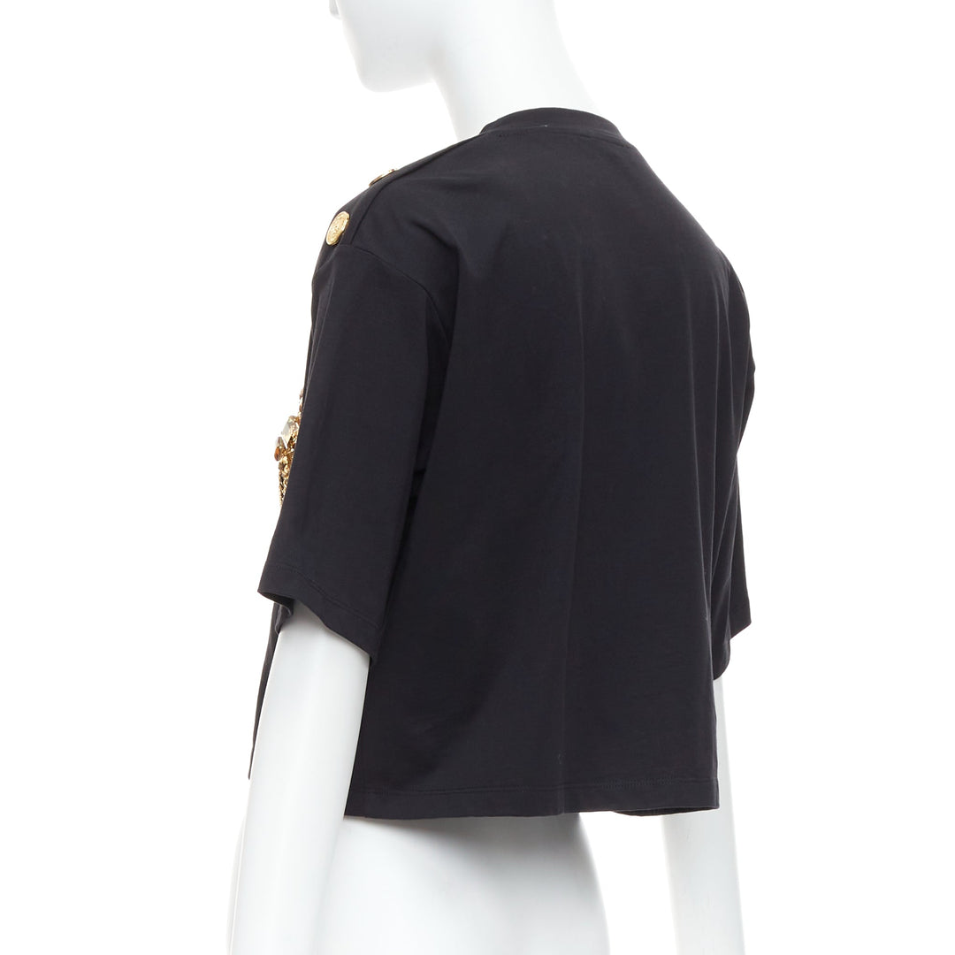 BALMAIN gold buttons chain embellished brooch black cotton crop tshirt XS