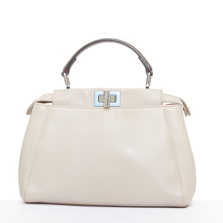 FENDI Peekaboo beige smooth leather blue steel details turnlock crossbody bag