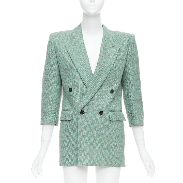 SAINT LAURENT 2022 Runway green tweed shoulder power blazer minidress FR34 XS