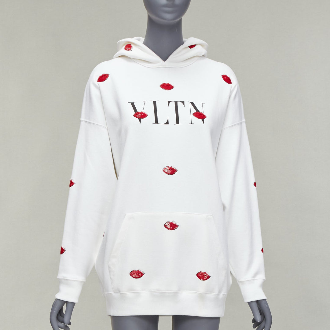 VALENTINO VLTN Le Rouge Kisses red sequin lips embroidery oversized hoodie XXS