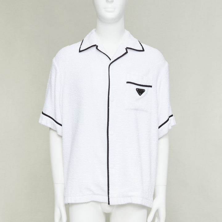 PRADA 2021 white terry towelling black triangle logo plaque bowling shirt L