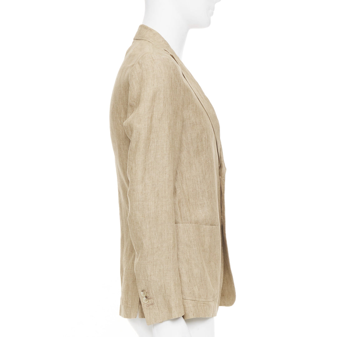PAOLONI brown textured slub linen notch lapel three button patch jacket EU46 S
