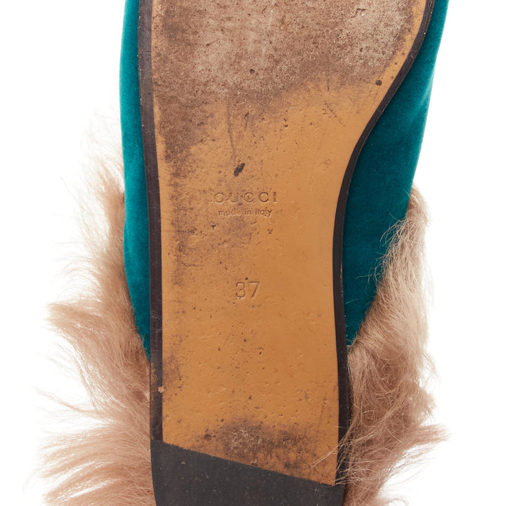 GUCCI Princetown green velvet horse bit buckle fur lined slide loafers EU37