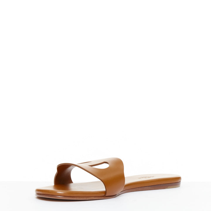 HERMES Lisboa Chaine d'Ancre brown leather cut out flat sandal slippers EU37.5