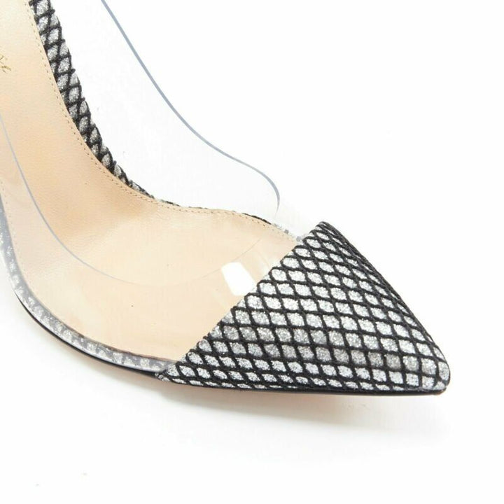 GIANVITO ROSSI Plexi 100 silver glitter black mesh PVC point toe pump EU37