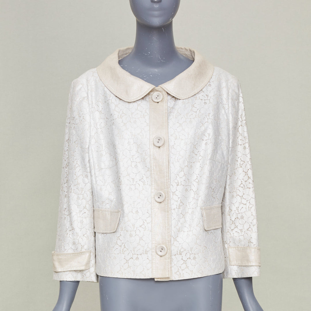 ESCADA 1990s vintage beige silver metallic lace peter pan collar jacket IT44 L
