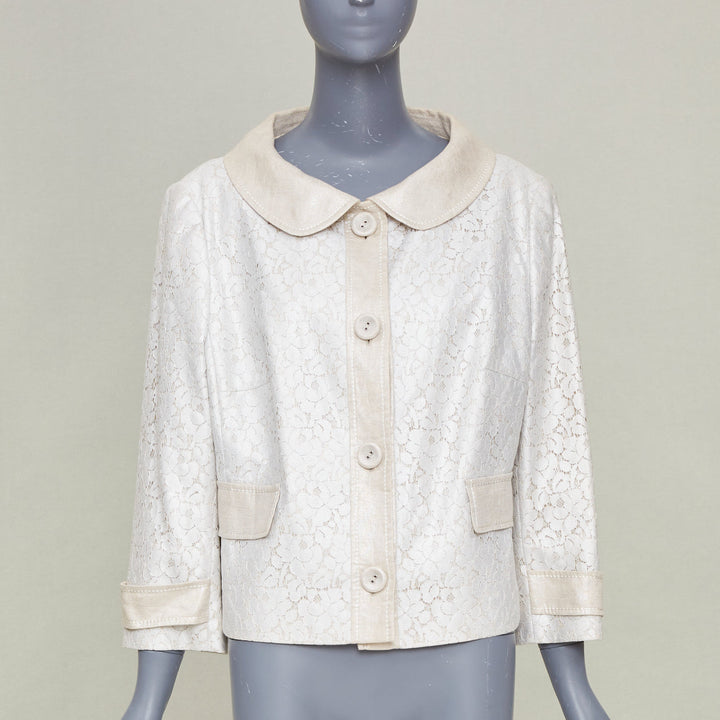 ESCADA 1990s vintage beige silver metallic lace peter pan collar jacket IT44 L